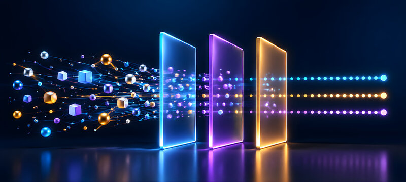 Futuristic Data Filtering and Transformation Concept with Glowing Glass Panels and Particle Strands

