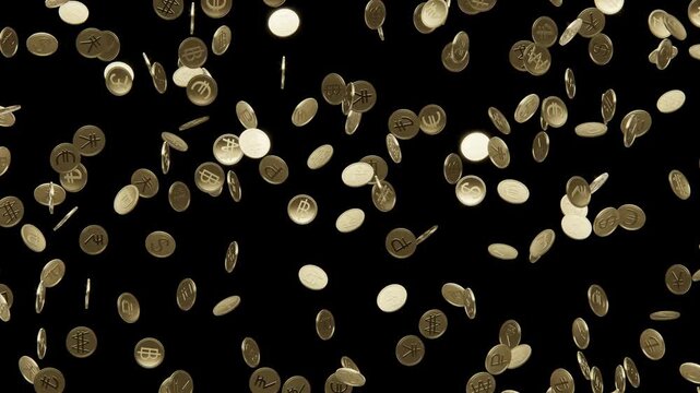 Seamless loop of golden coins rain with world currency symbol falling through a dark void. Symbolyzing world economy