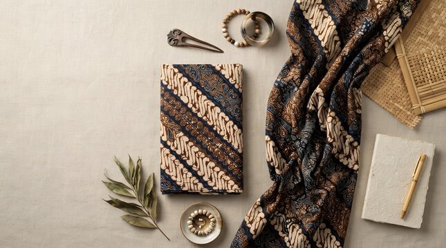 Traditional Indonesian Batik Fabric and Ethnic Fashion Accessories Flat Lay