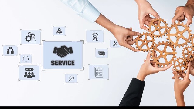 This image illustrates teamwork and service through a handshake and gears, emphasizing collaboration and strategic partnerships in a modern business environment. Raster