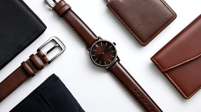 Leather Belt and Accessories Flat Lay on White Background / 白い背景のレザーベルトと革小物のフラットレイ