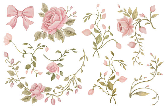Hand-drawn digital watercolor floral decorative elements with pink roses and delicate green branches, elegant clipart set for frames, cards, backgrounds and product design