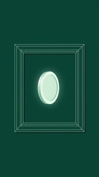 Spinning glowing coin or token inside geometric architectural frame motion graphic, ai generated