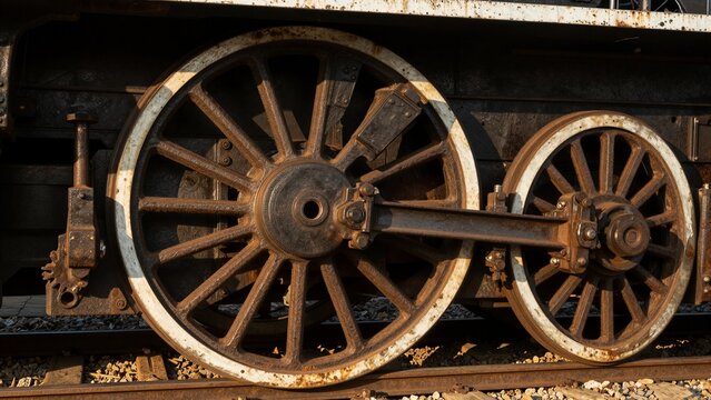 Close-up of old, rusted train wheels and connecting rods on a railway track.