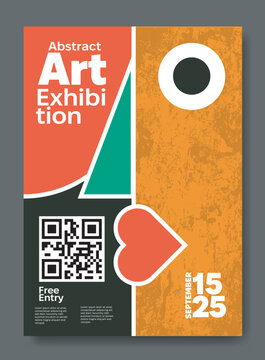 Colorful abstract art exhibition poster with geometric shapes, grunge texture, QR code and modern typography, vector illustration
