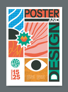 Vector illustration of colorful abstract poster with geometric shapes, modern typography, eye symbol, grid, grunge texture and free entry event details