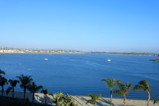 Calm blue waters of Sail Bay with distant San Diego city coastline under a clear sky framed by green palm trees, Southern California