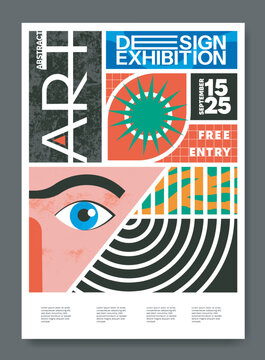Vector illustration of abstract art exhibition poster with geometric shapes, eye symbol, grunge texture, modern typography, free entry text and event date