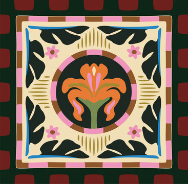 Vector illustration of decorative square tile with stylized orange flower, small blossoms, ornamental foliage and colorful folk art border