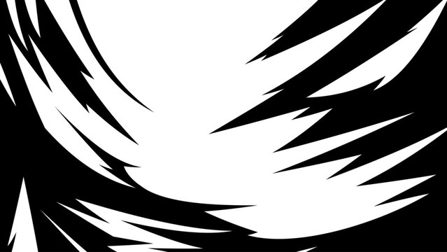 Abstract black and white dynamic speed lines forming a sharp curved frame on white background. Manga and comic style action effect for motion accent, energy burst, and graphic design overlay.