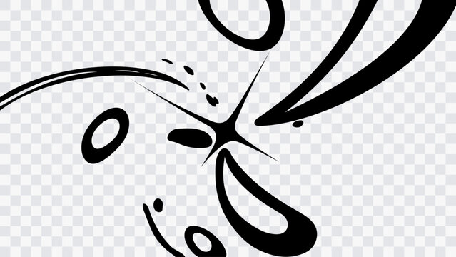 Abstract black ink brush strokes with splatter and dynamic curved lines isolated on transparent background. Hand drawn graphic element for comic book design, manga effect, motion accent.