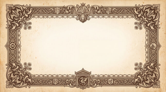 Ornate vintage engraved border frame with blank center on parchment