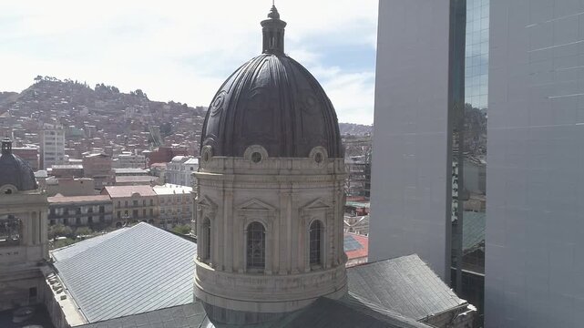 Aerial view of the dome of Cathedral Basilica of Our Lady of Peace in La Paz, Bolivia