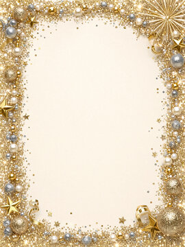 Gold and silver glitter frame with stars and pearl beads