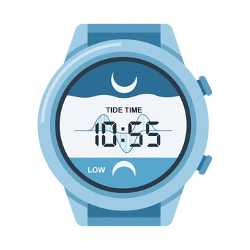 Digital wristwatch displaying time and tide information.