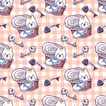 Cute hand-drawn seamless pattern featuring playful cats with canned fish and fish bones on a soft pink and cream gingham checkered background, perfect for pet and food designs.