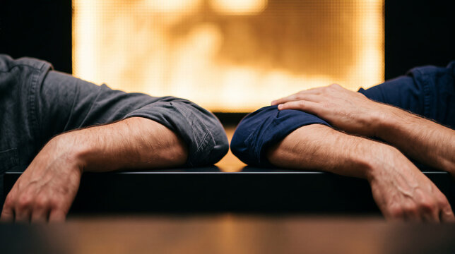 Two men lean on a table with arms resting