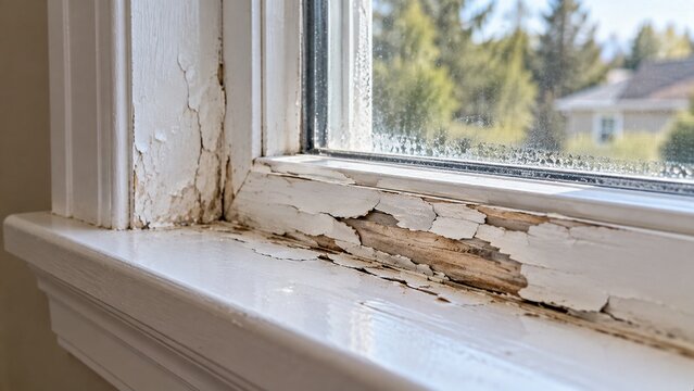 Close-up of older painted residential window frame showing localized peeling and flaking paint along lower sill from repeated condensation exposure