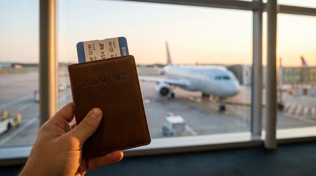 Human hand securely holding a travel passport and printed boarding pass document while standing in a busy airport terminal before a flight.