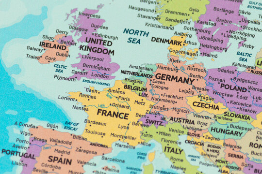 Close up view of belgium on a modern political world map
