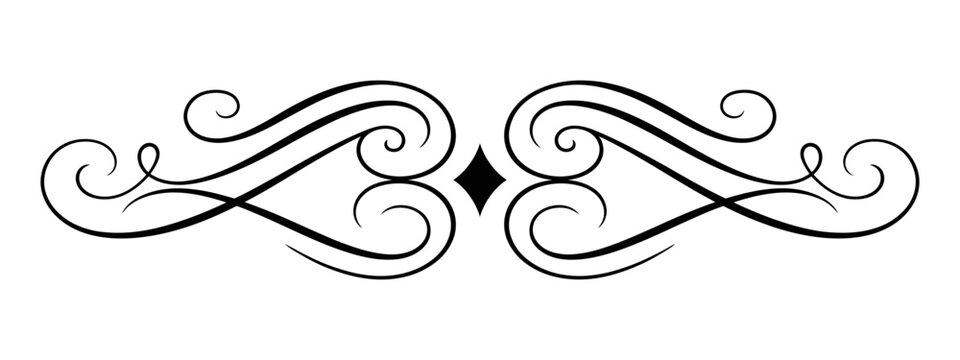 Elegant vintage calligraphic divider with ornate swirls and a central diamond shape, decorative flourish for invitations, menus, or stationery design