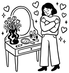 Fototapeta premium Woman Hugging Herself Near Vanity Table Line Art Illustration