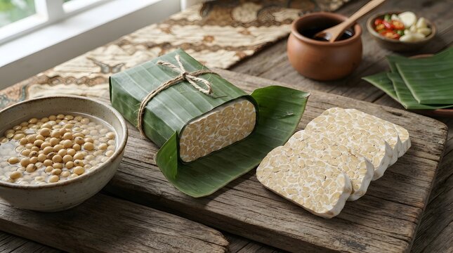 Traditional Indonesian Tempeh Wrapped in Banana Leaf with Sliced Tempeh and Soybeans