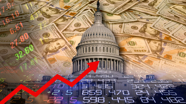 Government financial stimulus and national economic growth, federal budget investment, and a rising financial graph. Growth and recovery of the national stock market. 