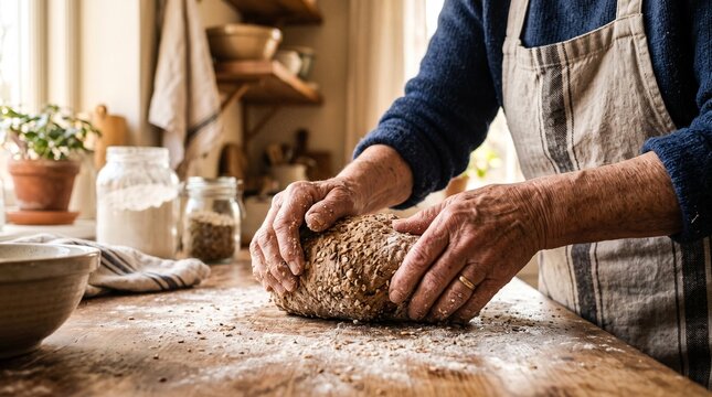 Close-up of a person's hands diligently kneading fresh, homemade whole grain bread dough on a rustic wooden table, embodying the warmth of traditional baking