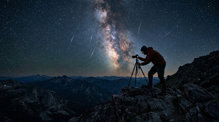 Fototapeta premium Photographer shooting Milky Way and meteor shower on mountain peak