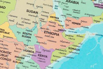 Obraz premium Close up view of ethiopia on a modern political world map