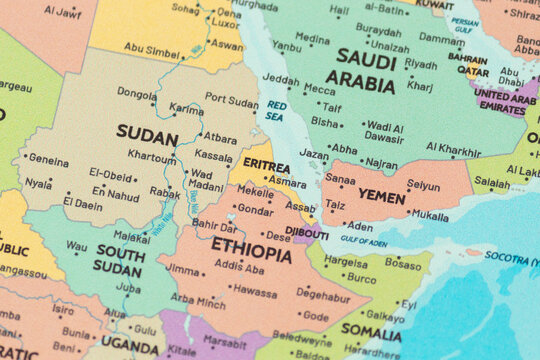 Close up view of eritrea on a modern political world map