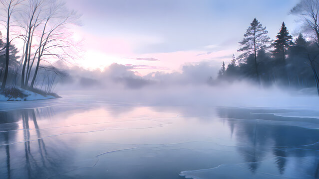薄氷の張った湖と朝靄の風景、幻想的で静かな質感、癒やし広告の背景向け