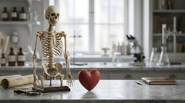 Anatomical skeleton model and heart on a laboratory bench with scientific equipment in the background