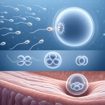 Detailed 3D medical infographic illustration of human fertilization, early embryonic cleavage stages, and blastocyst implantation into the uterine wall