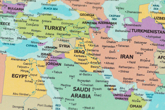 Close up view of iraq on a modern political world map