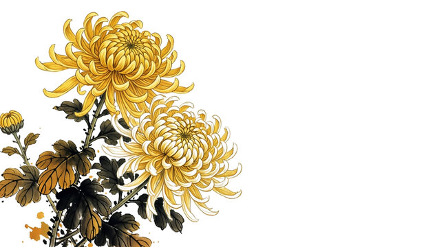 Isolated chrysanthemum sumi-e ink overlay on transparent background