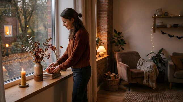 Smiling young woman wearing a cozy brown sweater decorating her home with autumn pumpkins and candles