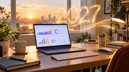 Fototapeta premium Home office desk with 2027 and analytics dashboard at sunset