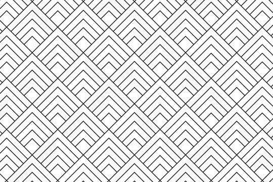 Simple geometric pattern with repeated diamond shapes. Overlaid concentric squares background. Minimalistic abstract print. Repeating schematic mountain shapes wallpaper. Vector graphic illustration.