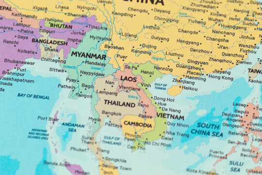 Close up view of laos on a modern political world map