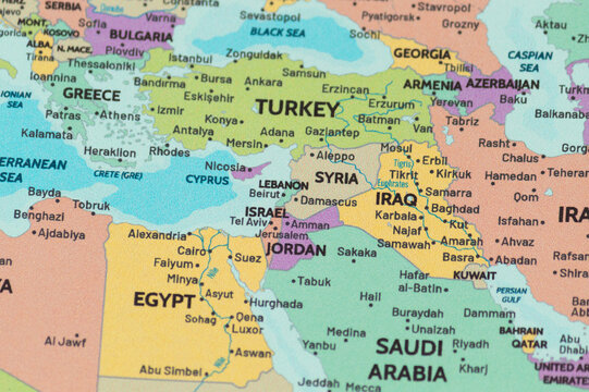 Close up view of lebanon on a modern political world map