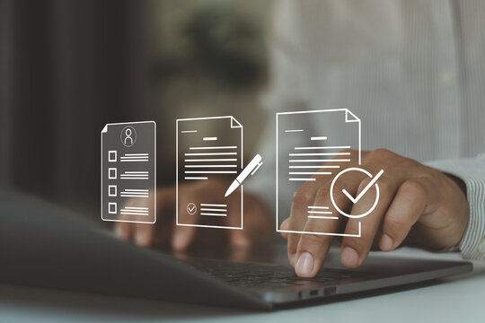 Online registration concept. Businessman using laptop with digital user profile form. Secure signup process, account creation, identity verification, paperless system, enrollment for business platform