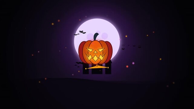 A 2D motion graphics Halloween background featuring a large, glowing jack-o'-lantern pumpkin floating in front of a bright full moon and a haunted castle silhouette