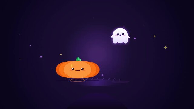 A 2D vector motion graphics animation featuring a cute smiling kawaii pumpkin and a glowing white ghost floating together