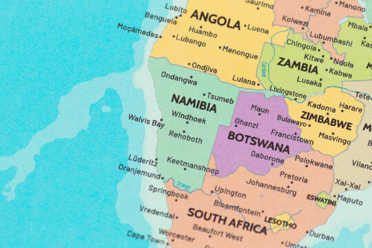 Close up view of namibia on a modern political world map