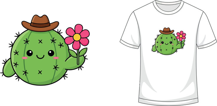 Cute Cowboy Cactus Illustration on T-Shirt Mockup