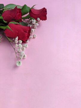 Red roses with white flowers and green leaves arranged elegantly on soft pink background for romantic floral decoration. Copy space for valentine's day, mother's day, anniversary, couple and wedding 