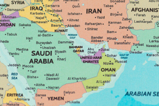 Close up view of qatar on a modern political world map