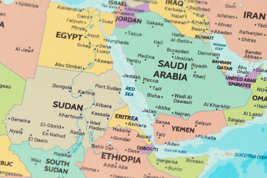 Close up view to the red sea region into a modern political map